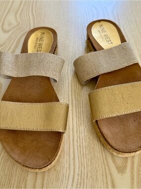 Nine West Gold and Tan Double-strap Slide Mules